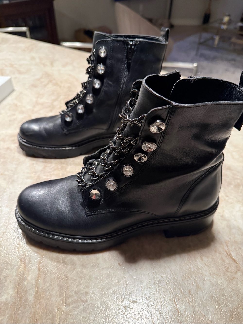 Kurt Geiger Black Leather Combat Boots with Studs & Chain Lacing